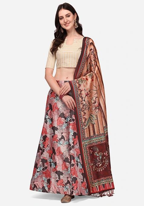 Multicolor Printed Satin Silk Lehenga Set