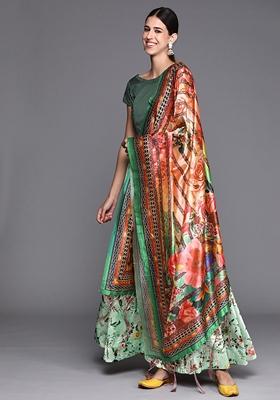 Green Printed Satin Silk Lehenga Set