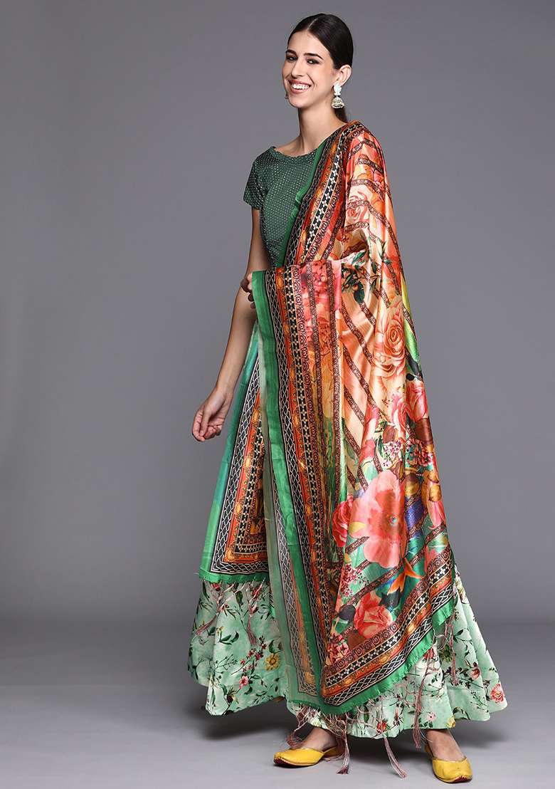 Green Printed Satin Silk Lehenga Set - Indya