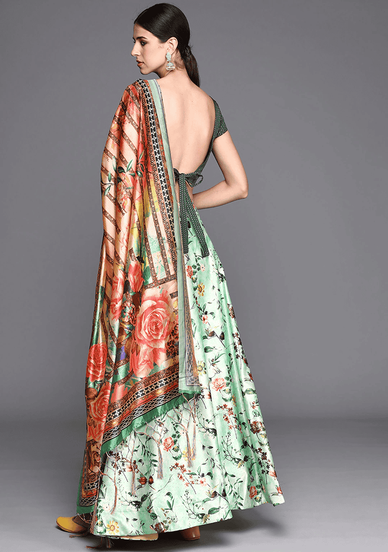 Green Printed Satin Silk Lehenga Set - Indya