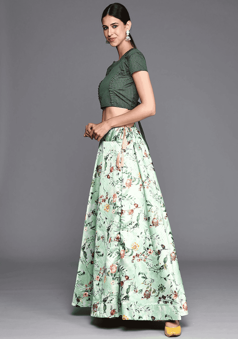 Green Printed Satin Silk Lehenga Set - Indya