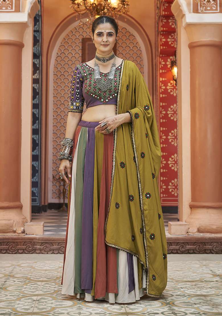 Multicolor Thread Embroidered Viscose Rayon Lehenga Set - Indya