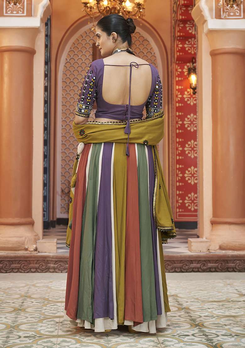 Multicolor Thread Embroidered Viscose Rayon Lehenga Set - Indya