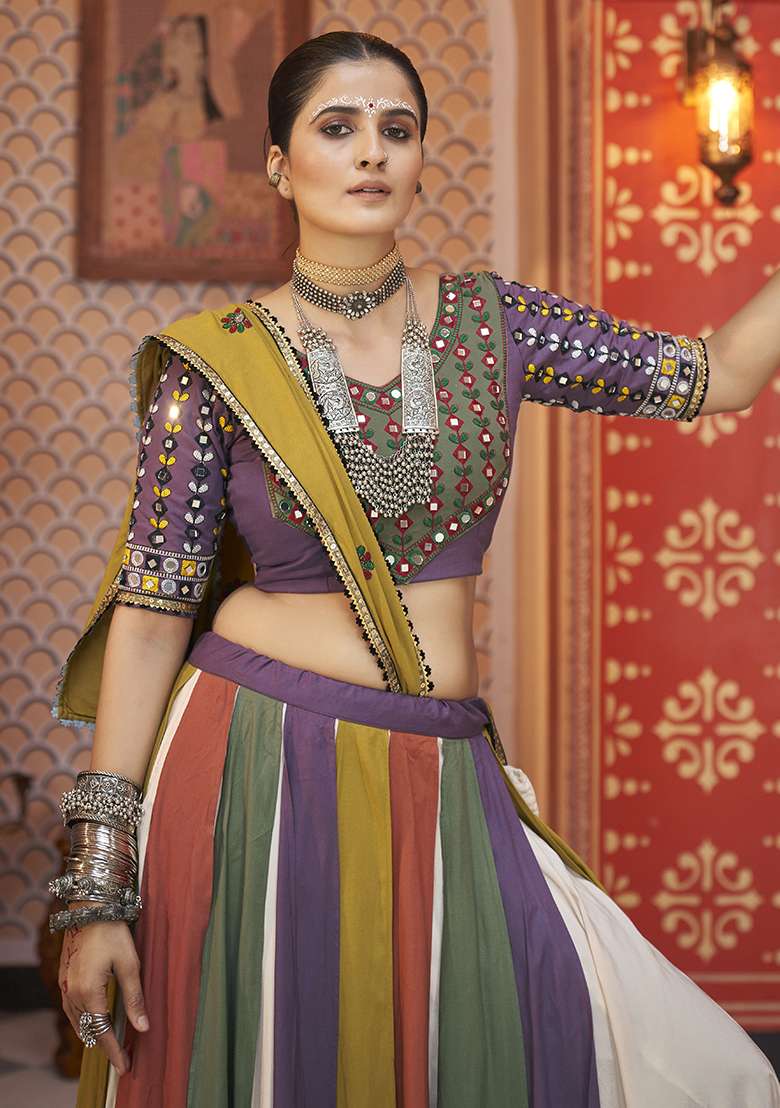 Multicolor Thread Embroidered Viscose Rayon Lehenga Set - Indya