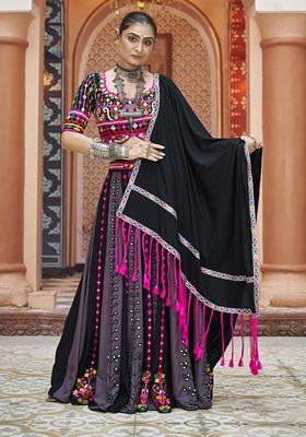Black Thread Embroidered Viscose Rayon Lehenga Set