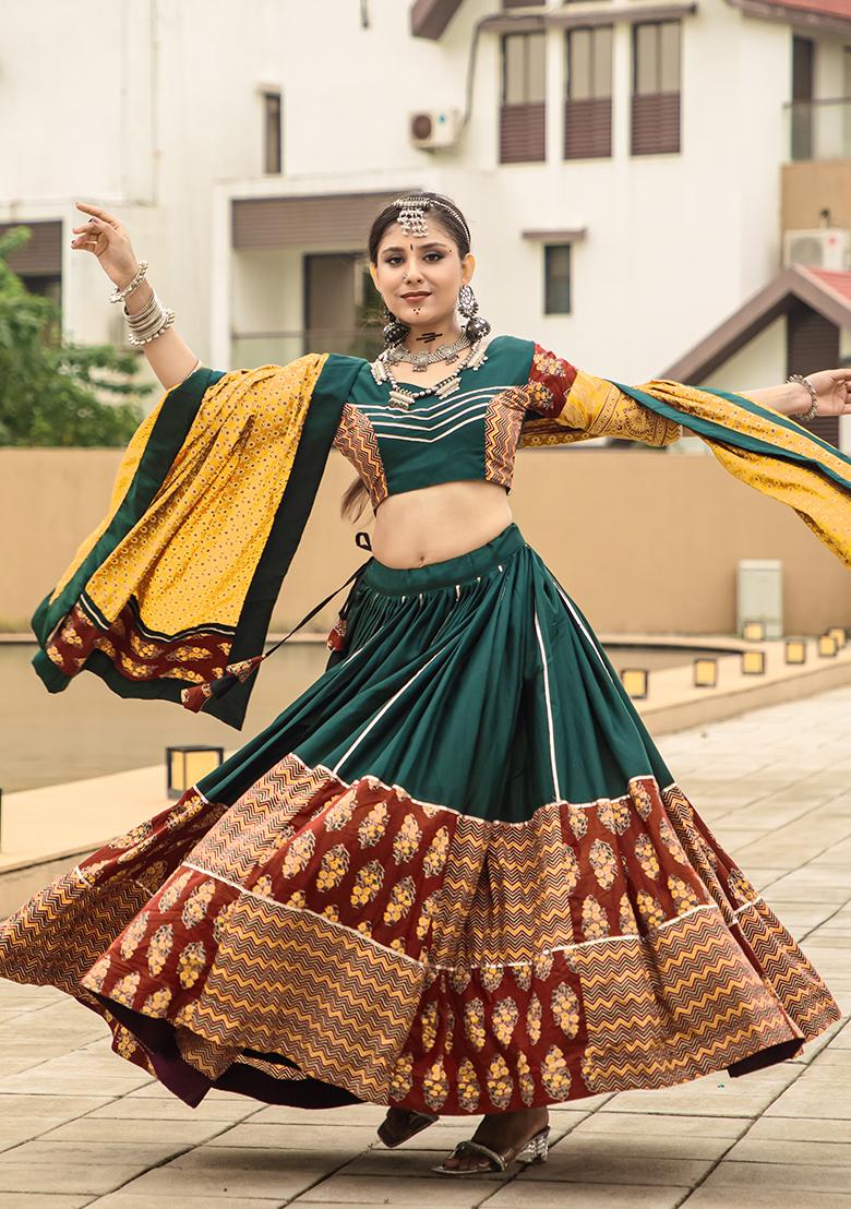 Green Printed Cotton Lehenga Set