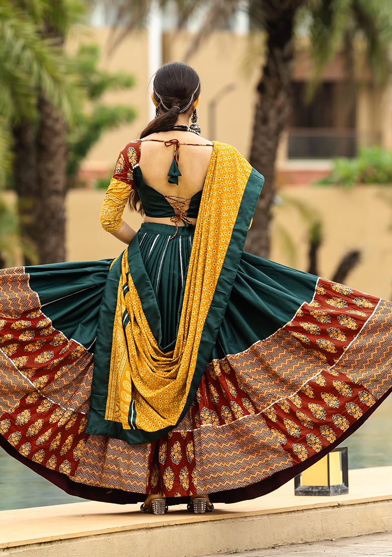 Green Printed Cotton Lehenga Set