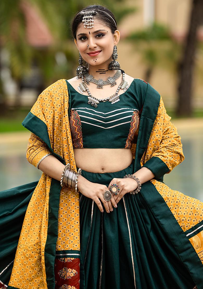 Green Printed Cotton Lehenga Set