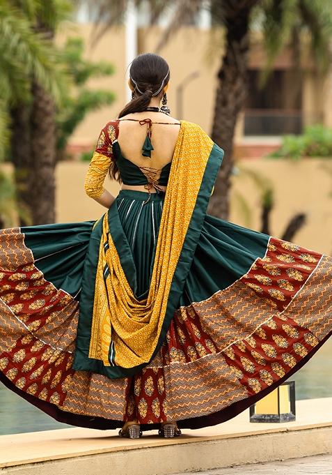 Green Printed Cotton Lehenga Set