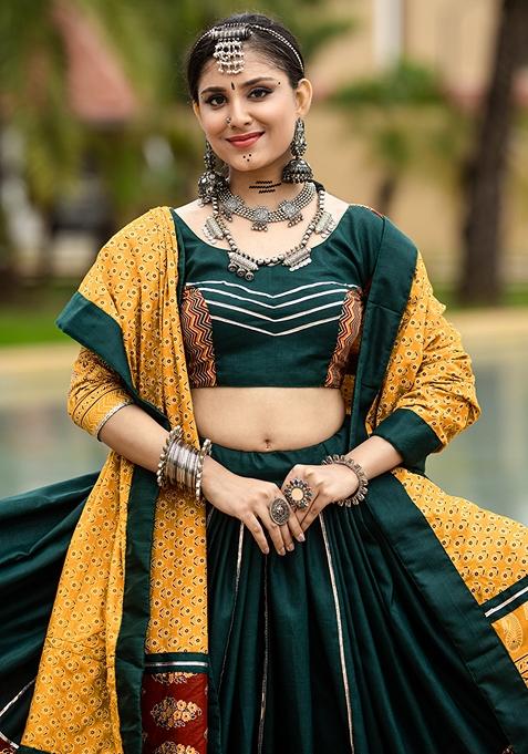 Green Printed Cotton Lehenga Set