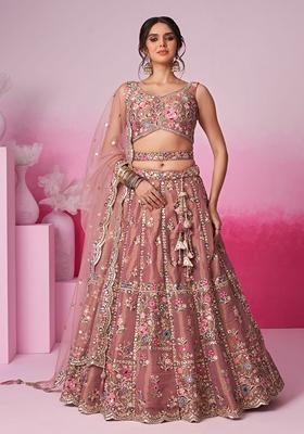 Rose Golden Embroidered Net Lehenga Set