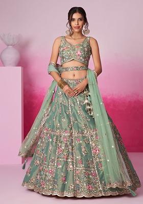Pista Green Embroidered Net Lehenga Set