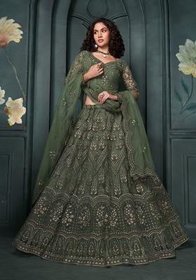 Green Embroidered Soft Net Lehenga Set