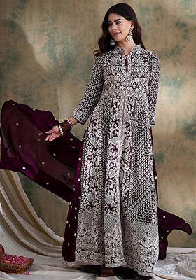 Purple Embroidered Vichitra Silk Lehenga Set