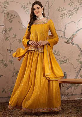 Yellow Embroidered Chinon Lehenga Set