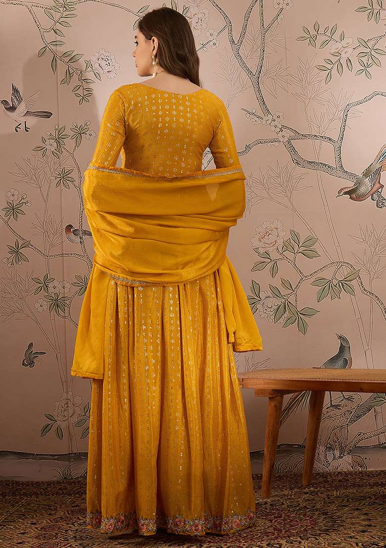 Yellow Embroidered Chinon Lehenga Set - Indya