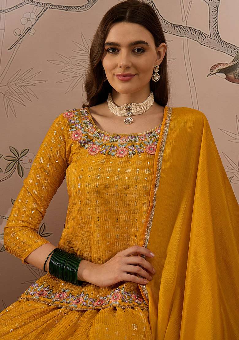Yellow Embroidered Chinon Lehenga Set - Indya