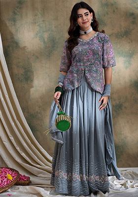 Grey Embroidered Faux Georgette Lehenga Set