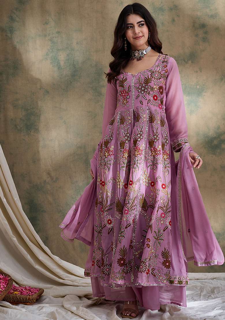 Pink Embroidered Vipro Silk Lehenga Set - Indya