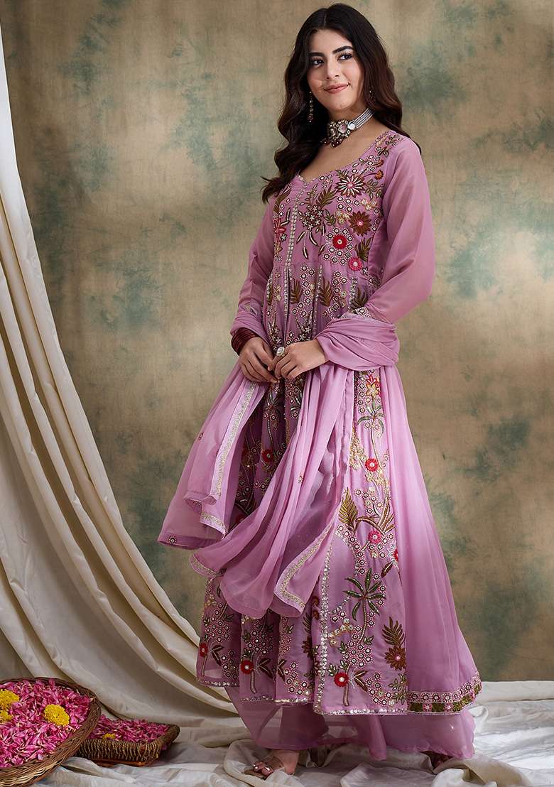 Pink Embroidered Vipro Silk Lehenga Set - Indya
