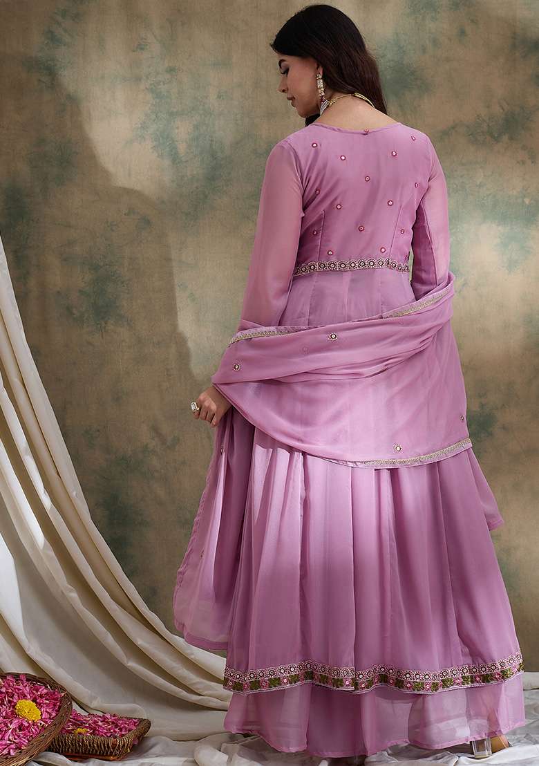 Pink Embroidered Vipro Silk Lehenga Set - Indya