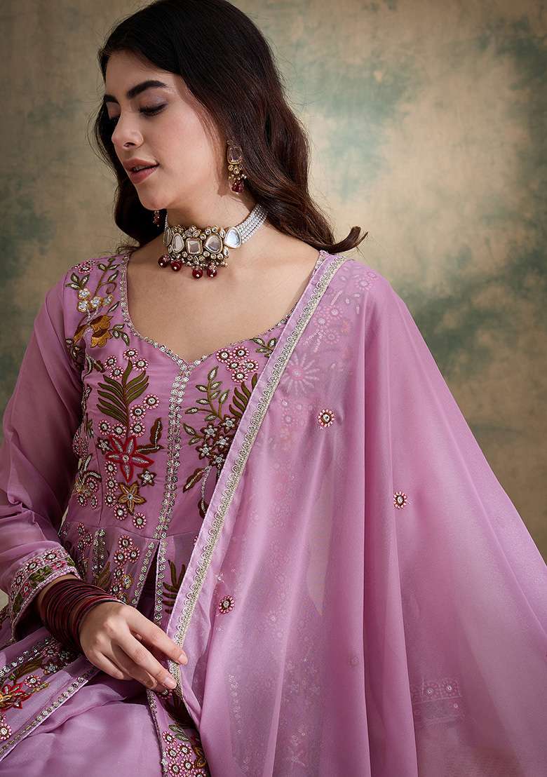 Pink Embroidered Vipro Silk Lehenga Set - Indya