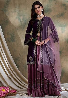 Purple Embroidered Faux Georgette Lehenga Set