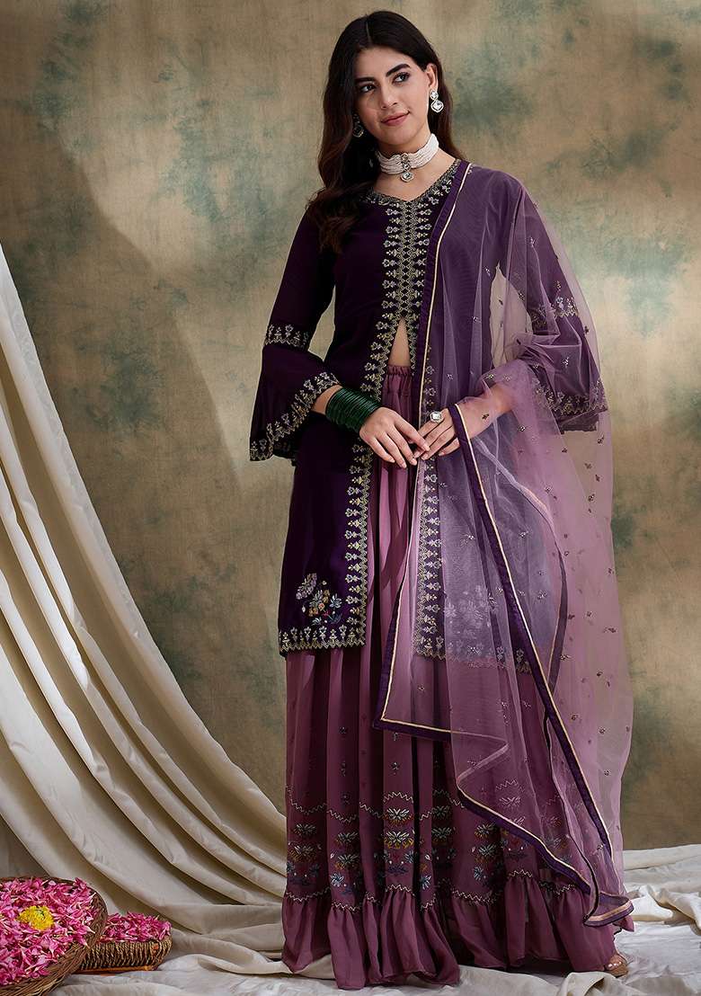 Purple Embroidered Faux Georgette Lehenga Set - Indya
