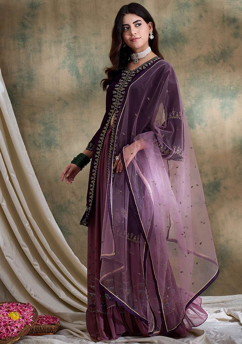 Purple Embroidered Faux Georgette Lehenga Set - Indya