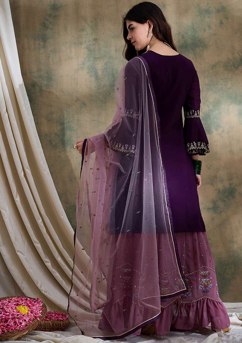 Purple Embroidered Faux Georgette Lehenga Set - Indya