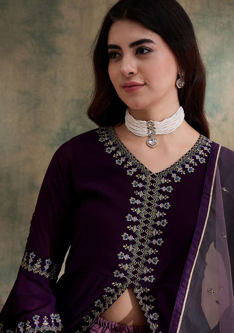 Purple Embroidered Faux Georgette Lehenga Set - Indya