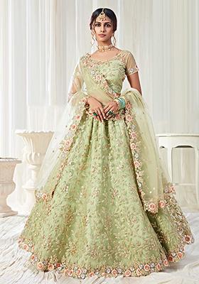 Green Embroidered Net Lehenga Set