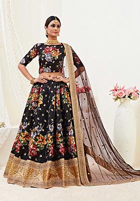 Black Embroidered Banglori Satin Lehenga Set