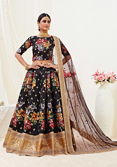 Black Embroidered Banglori Satin Lehenga Set