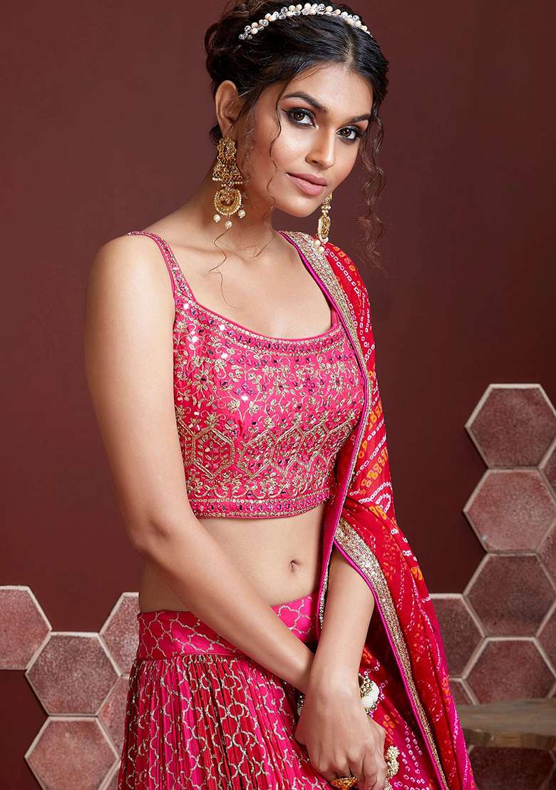 Pink Blend Art Silk Lehenga Set with Embroidered for Diwali | Wedding & Festive Wear - Indya