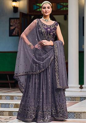 Purple Embroidered Georgette Lehenga Set