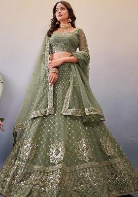 Olive Green Embroidered Net Lehenga Set