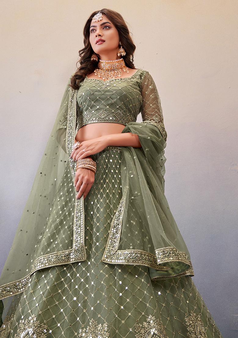 Olive Green Embroidered Net Lehenga Set