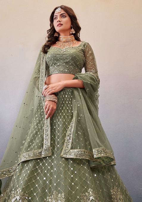 Olive Green Embroidered Net Lehenga Set
