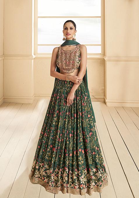 Green Embroidered Georgette Lehenga Set