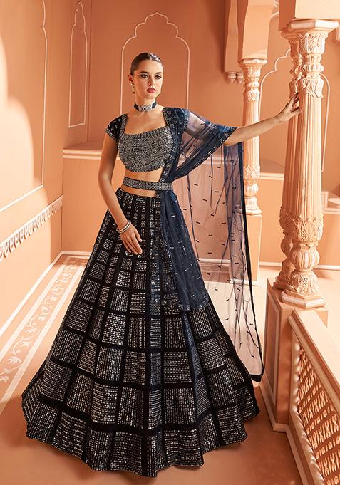 Blue Embroidered Velvet Lehenga Set