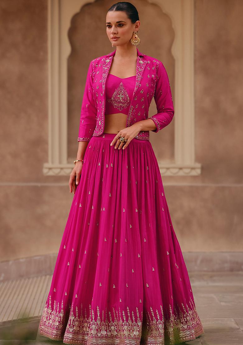 Pink Embroidered Chinon Silk Lehenga Set