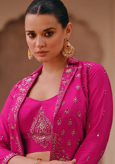 Pink Embroidered Chinon Silk Lehenga Set