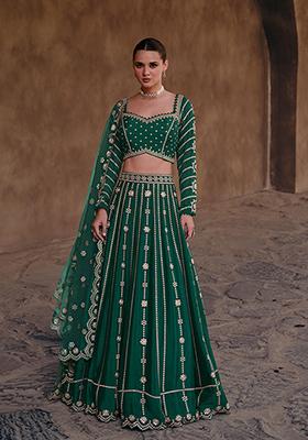 Green Embroidered Chinon Silk Lehenga Set