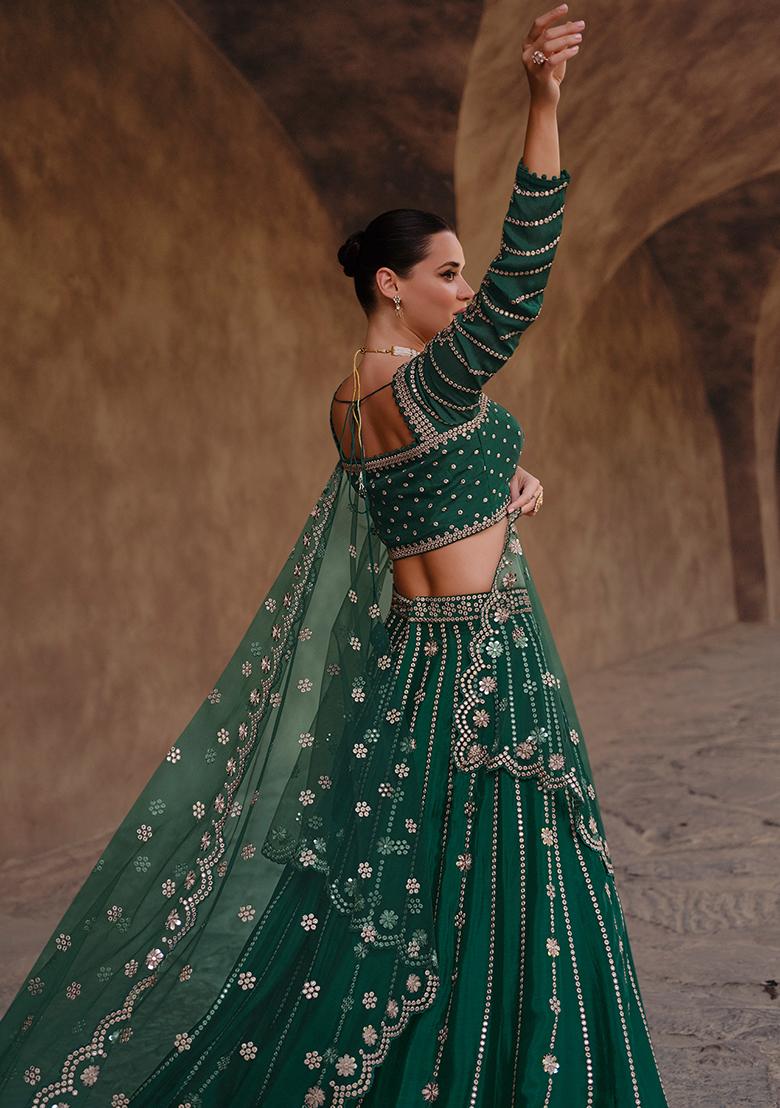 Green Embroidered Chinon Silk Lehenga Set