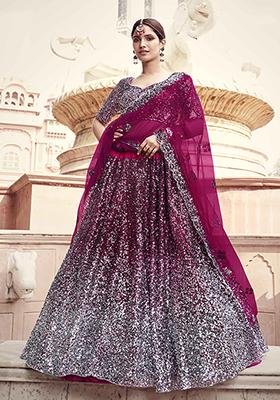 Wine Embroidered Net Lehenga Set