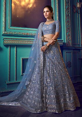 Grey And Blue Embroidered Net Lehenga Set
