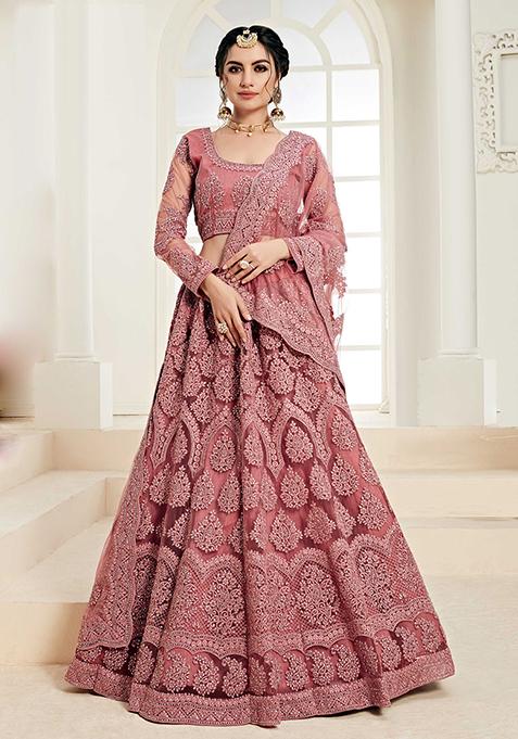 Pink Embroidered Net Lehenga Set