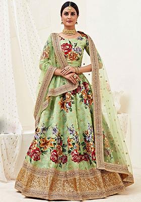 Green Embroidered Banglori Satin Lehenga Set