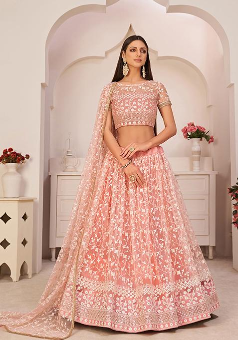 Pink Embroidered Net Lehenga Set